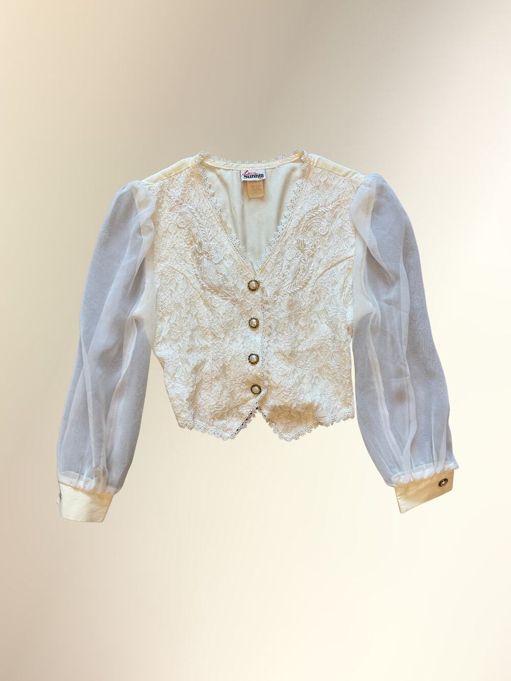 Vintage Love Sunhill Cream Lace Sheer Sleeve Prairie Blouse USA S